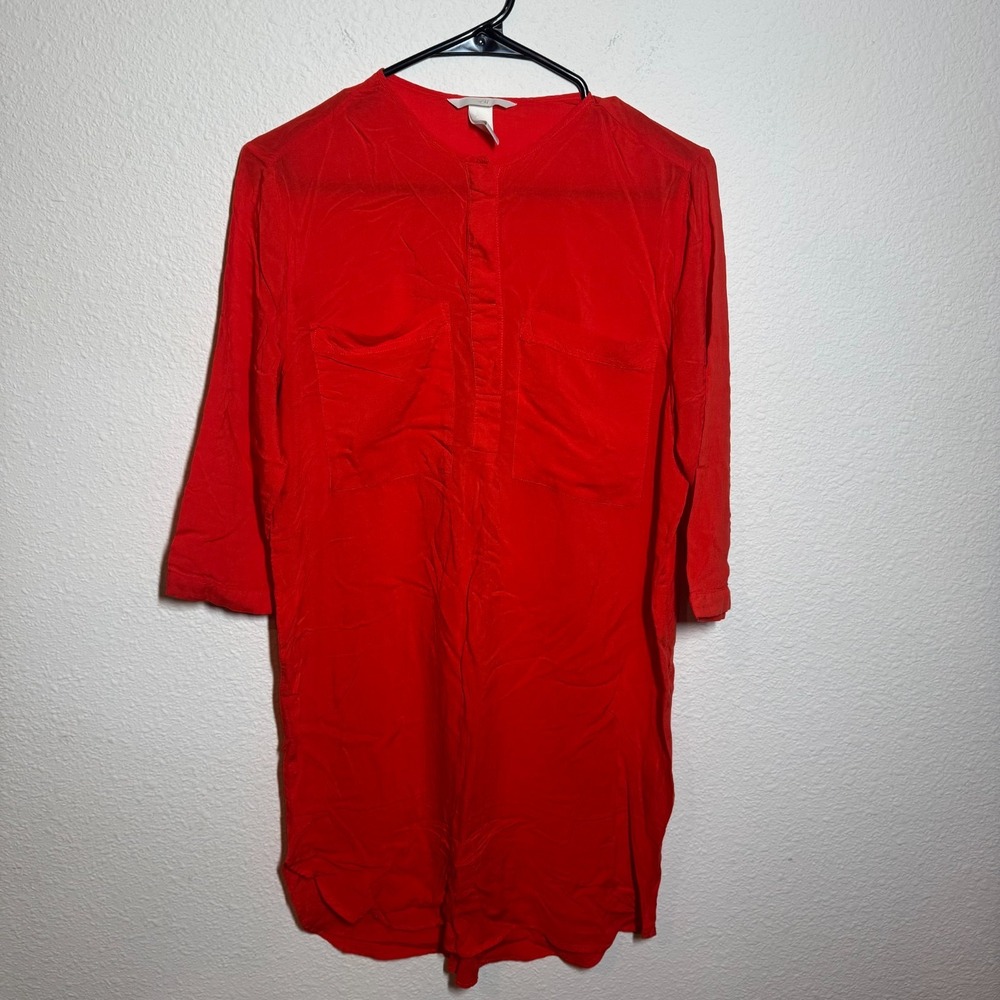H&M Popover Tunic Mini Dress Womens 10 Bright Red Button Placket High Low Hem